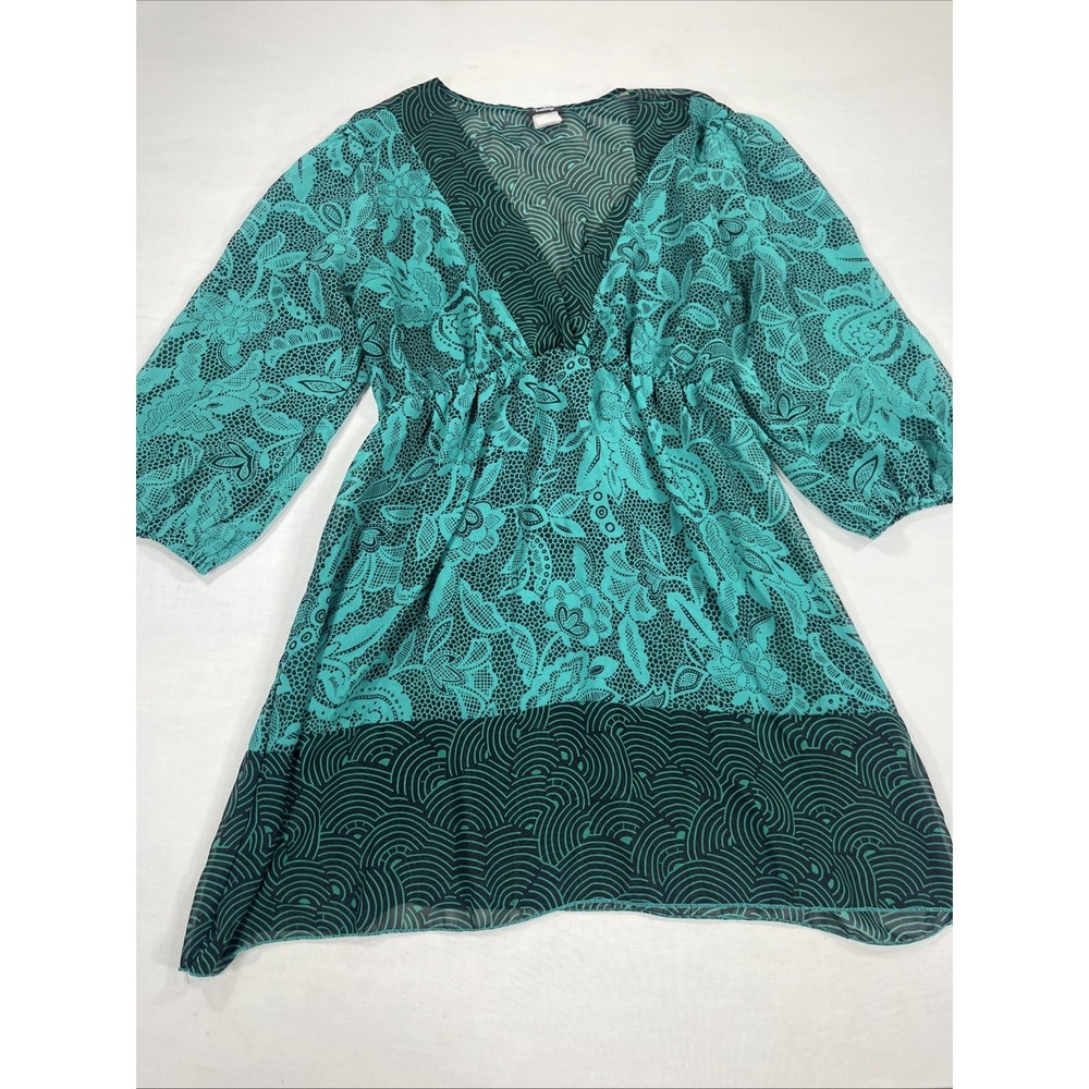 Vanity Women's Large Teal Floral V-Neck 3/4 Sleeve Blouse Made in USA